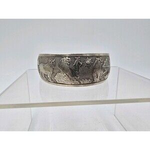 Vintage Repousse Tigers Sunset Silver Tone Adjustable Open Cuff Bracelet 1" Wide